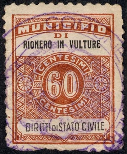 Marca da Bollo del Comune di RIONERO IN VULTURE su Carta Bianca Sottile di dimensioni 22,5 x 29 mm