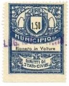 Marca da Bollo del Comune di RIONERO IN VULTURE su Carta Bianca di dimensioni 28,5 x 36,5 mm