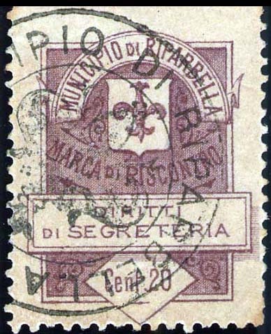 Marca da Bollo del Comune di RIPARBELLA su Carta Bianca Sottile di dimensioni 27,5 x 30 mm