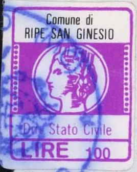 Marca da Bollo del Comune di RIPE SAN GINESIO su Carta Bianca di dimensioni 16 x 20 mm