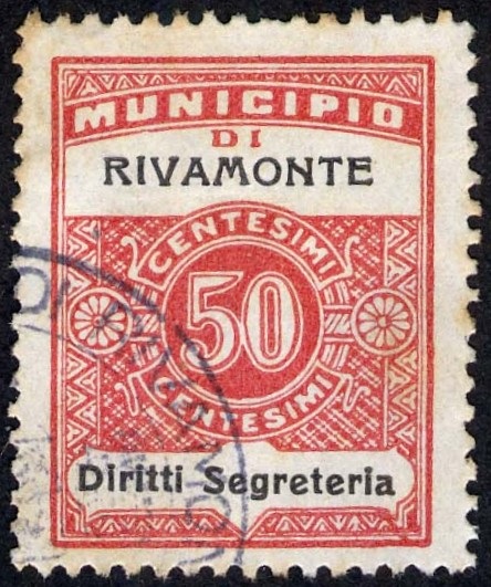 Marca da Bollo del Comune di RIVAMONTE AGORDINO su Carta Bianca Sottile di dimensioni 22,5 x 29 mm