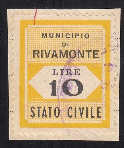 Marca da Bollo del Comune di RIVAMONTE AGORDINO su Carta Bianca Sottile di dimensioni 22,5 x 29 mm