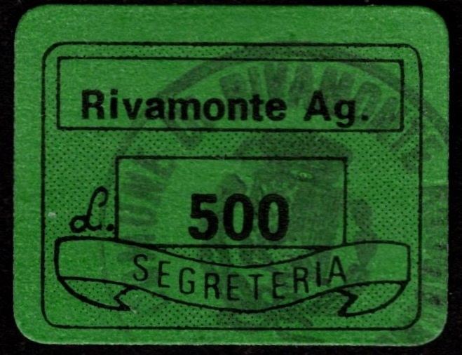 Marca da Bollo del Comune di RIVAMONTE AGORDINO su Carta Bianca di dimensioni 20 x 14 mm