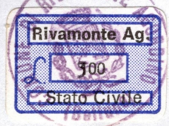 Marca da Bollo del Comune di RIVAMONTE AGORDINO su Carta Bianca di dimensioni 20 x 14 mm
