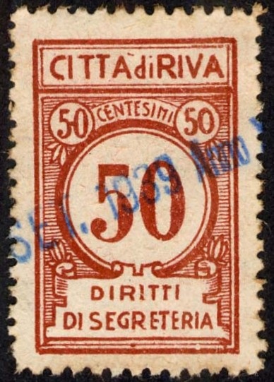 Marca da Bollo del Comune di RIVA DEL GARDA su Carta Bianca di dimensioni 19 x 29 mm
