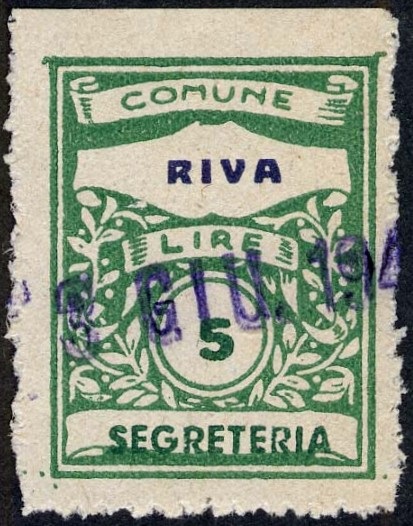 Marca da Bollo del Comune di RIVA DEL GARDA su Carta Bianca di dimensioni 22,5 x 29 mm