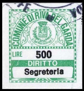 Marca da Bollo del Comune di RIVA DEL GARDA su Carta Bianca di dimensioni 17 x 18,5 mm
