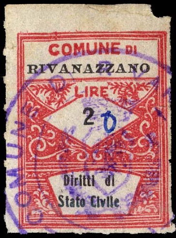 Marca da Bollo del Comune di RIVANAZZANO TERME su Carta Bianca di dimensioni 21,5 x 28,5 mm