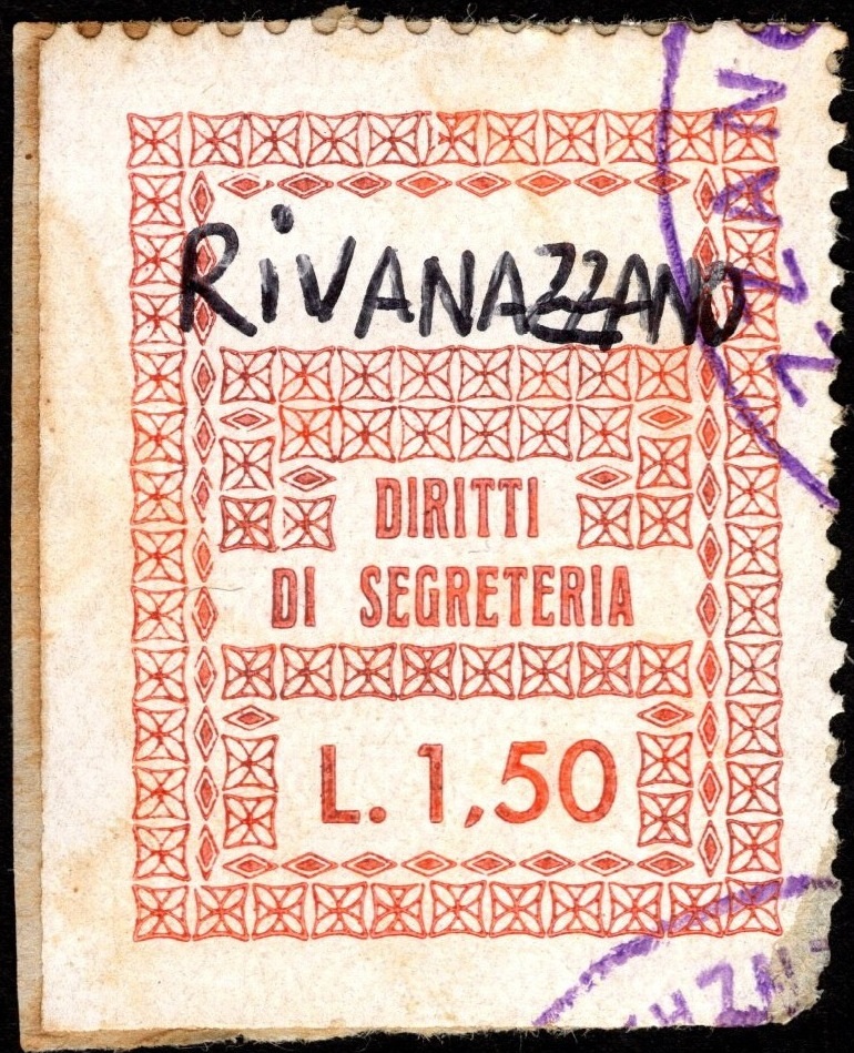 Marca da Bollo del Comune di RIVANAZZANO TERME su Carta Bianca di dimensioni 22 x 29 mm