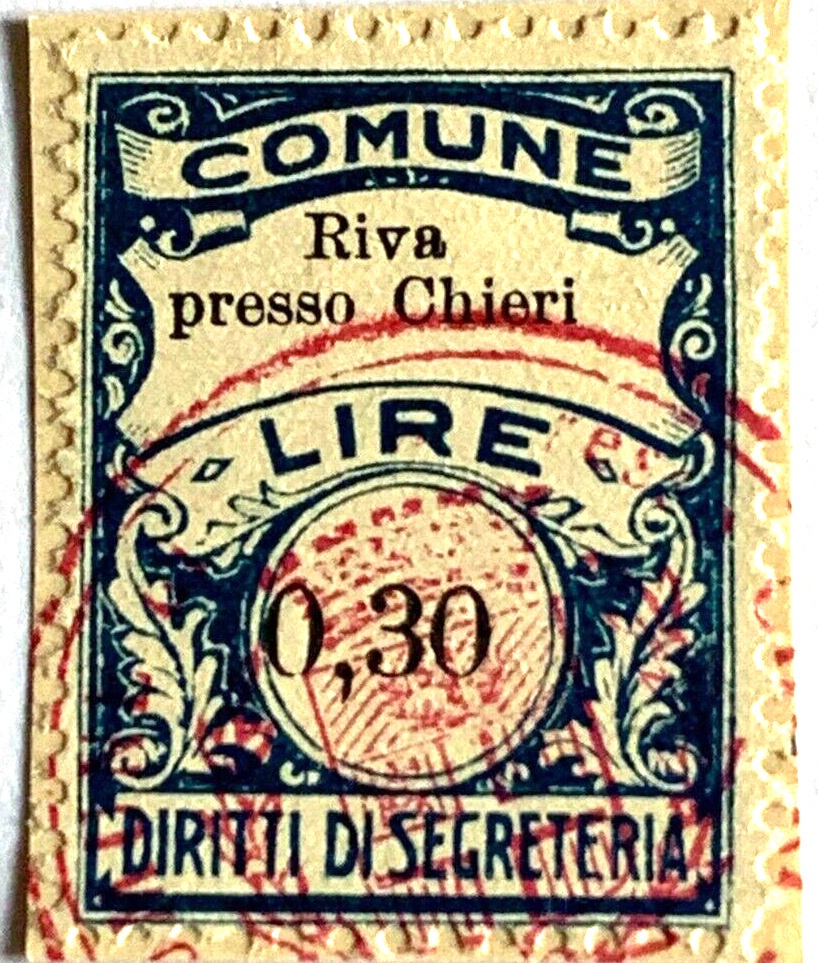 Marca da Bollo del Comune di RIVA PRESSO CHIERI su Carta Bianca di dimensioni 22,5 x 29 mm