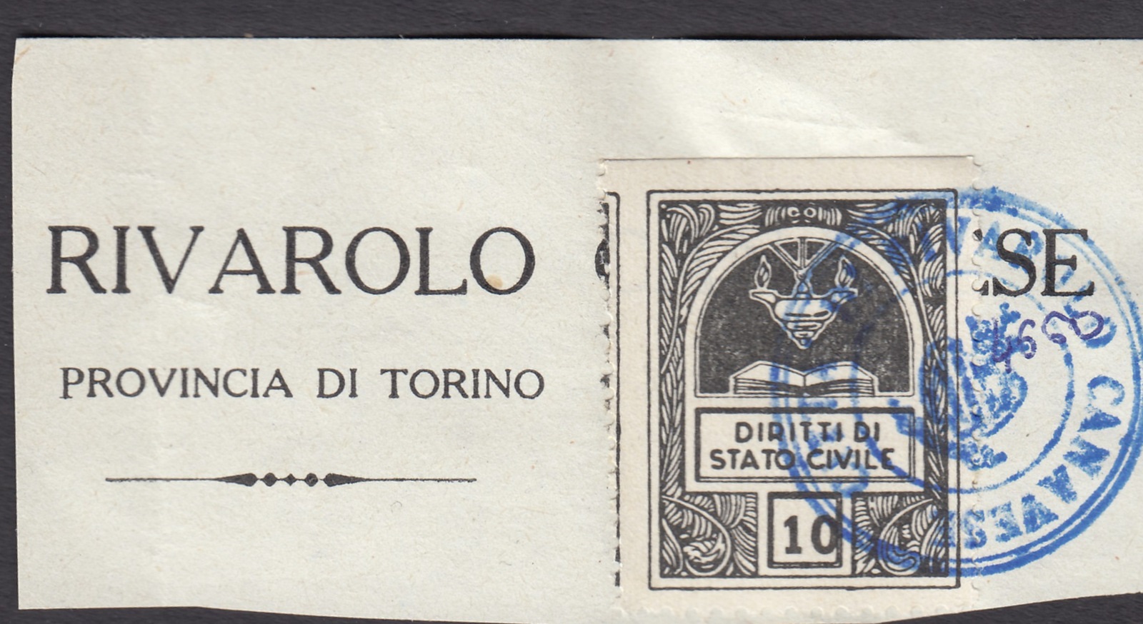 Marca da Bollo del Comune di RIVAROLO CANAVESE su Carta Bianca di dimensioni 22 x 29 mm