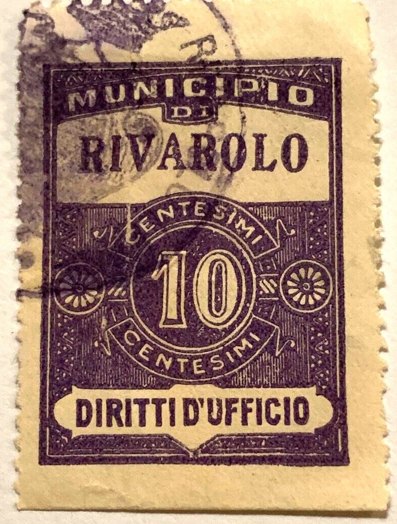 Marca da Bollo del Comune di RIVAROLO CANAVESE su Carta Bianca di dimensioni 22 x 28 mm