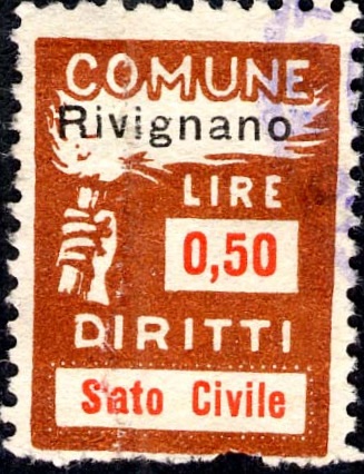 Marca da Bollo del Comune di RIVIGNANO su Carta Bianca Sottile di dimensioni 18,5 x 26 mm