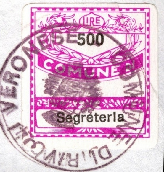 Marca da Bollo del Comune di RIVOLI VERONESE su Carta Bianca di dimensioni 20 x 20 mm