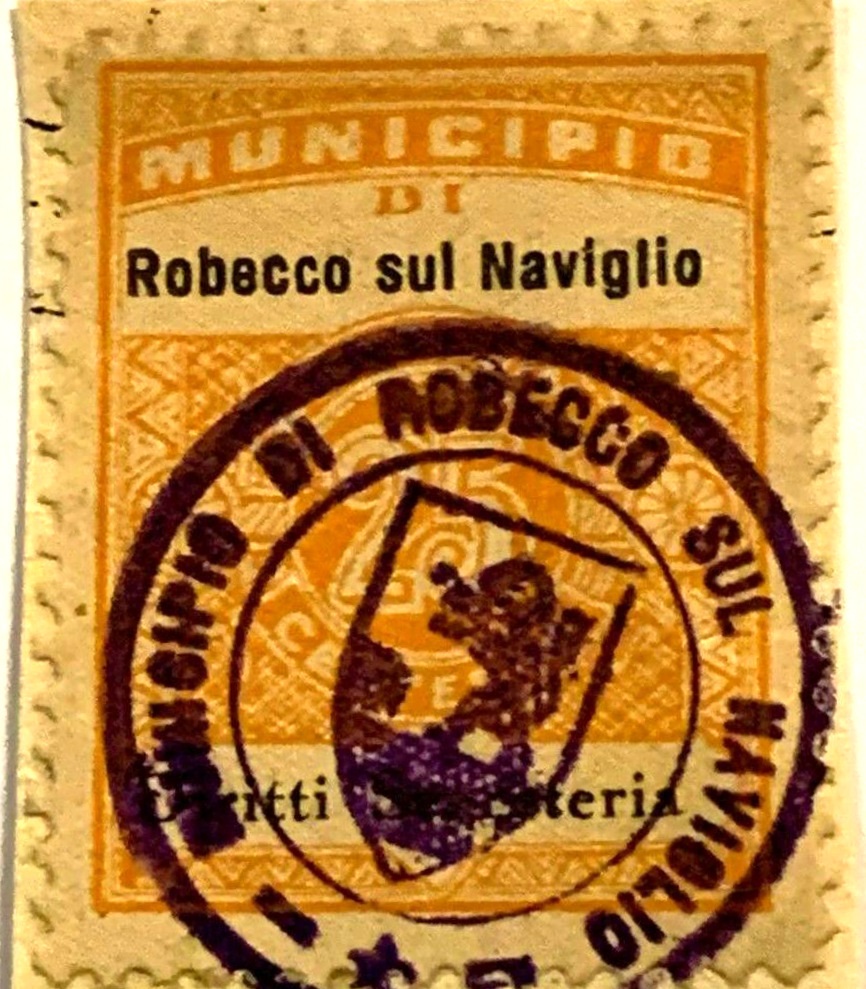 Marca da Bollo del Comune di ROBECCO SUL NAVIGLIO su Carta Bianca Sottile di dimensioni 21 X 27 mm