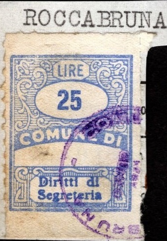 Marca da Bollo del Comune di ROCCABRUNA su Carta Bianca di dimensioni 21 X 32 mm