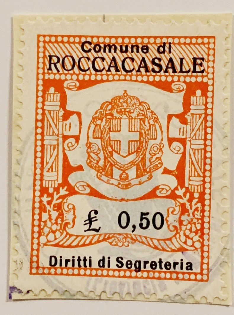 Marca da Bollo del Comune di ROCCACASALE su Carta Bianca Sottile di dimensioni 22,5 X 33 mm