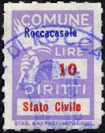 Marca da Bollo del Comune di ROCCACASALE su Carta Bianca Sottile di dimensioni 18,5 x 26 mm