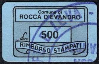 Marca da Bollo del Comune di ROCCA D´EVANDRO su Carta Colorata di dimensioni 19 x 14 mm