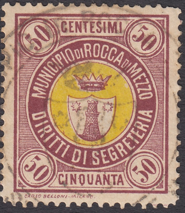Marca da Bollo del Comune di ROCCA DI MEZZO su Carta Bianca di dimensioni 24,5 x 29,5 mm