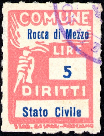 Marca da Bollo del Comune di ROCCA DI MEZZO su Carta Bianca di dimensioni 18,5 x 25 mm