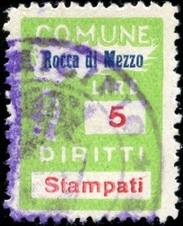 Marca da Bollo del Comune di ROCCA DI MEZZO su Carta Bianca di dimensioni 18,5 x 25 mm