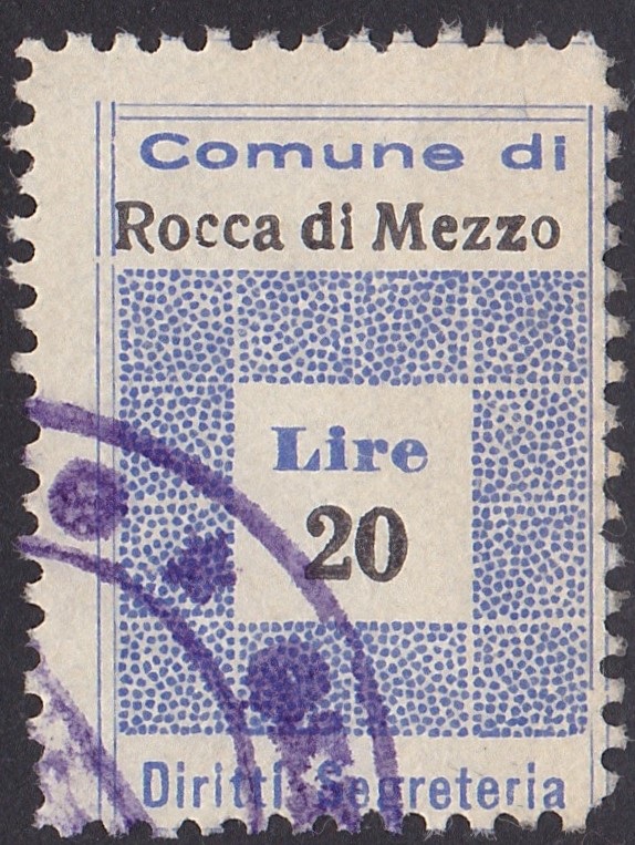 Marca da Bollo del Comune di ROCCA DI MEZZO su Carta Bianca Sottile di dimensioni 23 x 33 mm