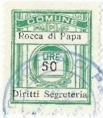 Marca da Bollo del Comune di ROCCA DI PAPA su Carta Bianca di dimensioni 21 x 24,5 mm