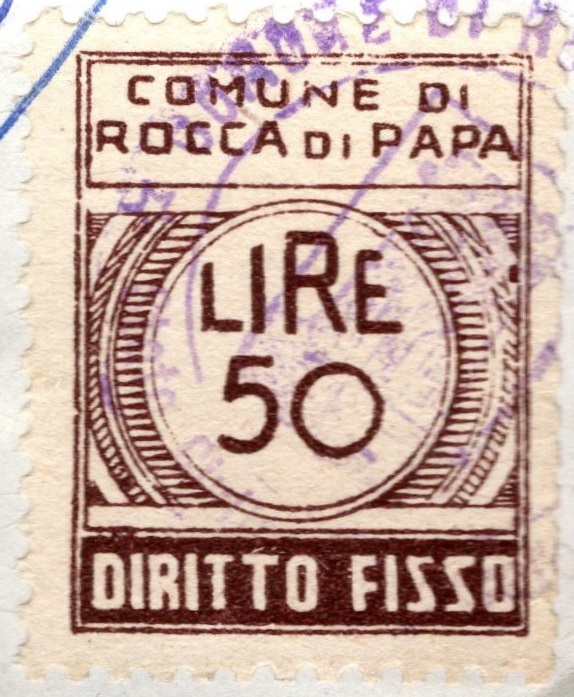 Marca da Bollo del Comune di ROCCA DI PAPA su Carta Bianca di dimensioni 19 x 24,5 mm