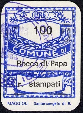 Marca da Bollo del Comune di ROCCA DI PAPA su Carta Bianca di dimensioni 12,5 x 28,5 mm