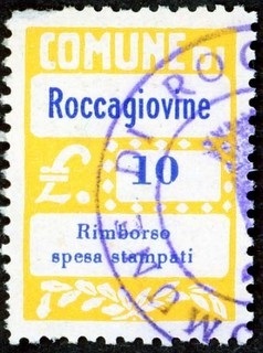 Marca da Bollo del Comune di ROCCAGIOVINE su Carta Bianca di dimensioni 22 x 30 mm