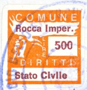 Marca da Bollo del Comune di ROCCA IMPERIALE su Carta Bianca di dimensioni 17,5 x 17,5 mm