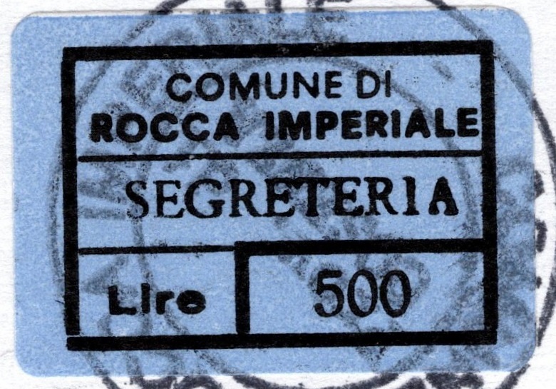 Marca da Bollo del Comune di ROCCA IMPERIALE su Carta Colorata di dimensioni 20 x 14 mm
