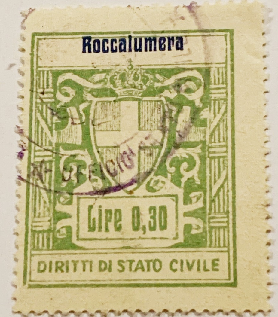 Marca da Bollo del Comune di ROCCALUMERA su Carta Bianca di dimensioni 22 x 29 mm