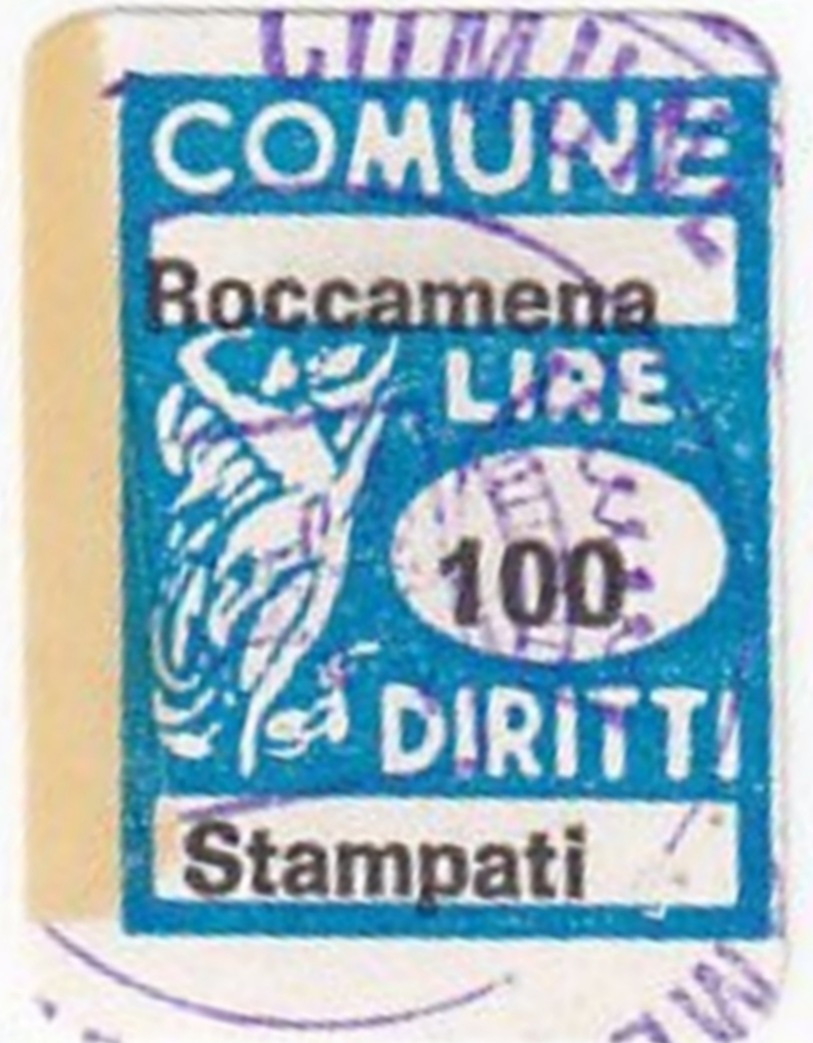 Marca da Bollo del Comune di ROCCAMENA su Carta Bianca di dimensioni 15 x 20 mm