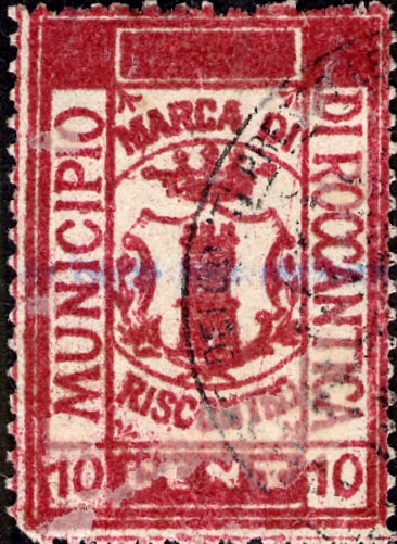 Marca da Bollo del Comune di ROCCANTICA su Carta Bianca Sottile di dimensioni 23,5 x 32,5 mm