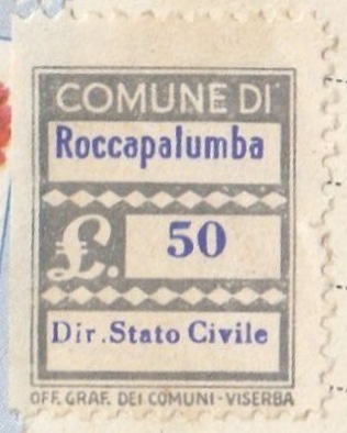 Marca da Bollo del Comune di ROCCAPALUMBA su Carta Bianca di dimensioni 21 X 27 mm