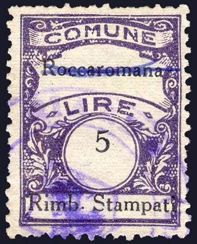 Marca da Bollo del Comune di ROCCAROMANA su Carta Bianca Sottile di dimensioni 22,5 x 29 mm