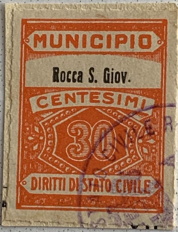 Marca da Bollo del Comune di ROCCA SAN GIOVANNI su Carta Bianca di dimensioni 21 x 29 mm