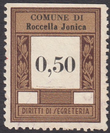 Marca da Bollo del Comune di ROCCELLA IONICA su Carta Bianca di dimensioni 23 x 29,5 mm