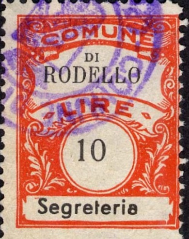 Marca da Bollo del Comune di RODELLO su Carta Bianca di dimensioni 22,5 x 29 mm