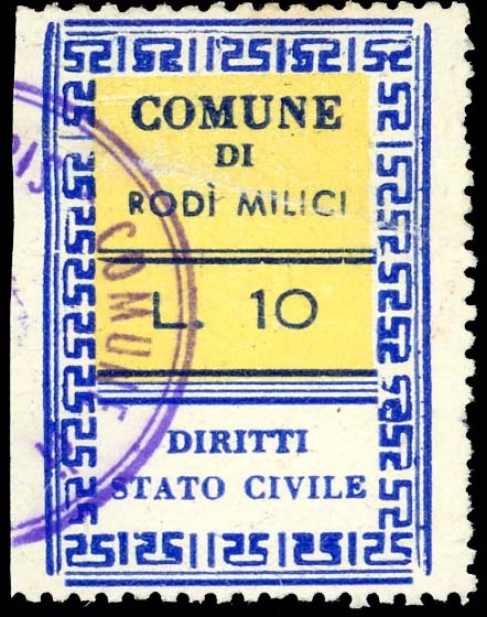 Marca da Bollo del Comune di RODI MILICI su Carta Bianca di dimensioni 26,5 x 35,5 mm