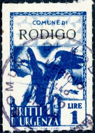 Marca da Bollo del Comune di RODIGO su Carta Bianca di dimensioni 21 x 32,5 mm