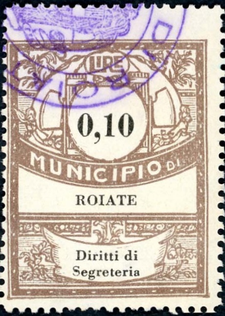 Marca da Bollo del Comune di ROIATE su Carta Bianca di dimensioni 21,5 x 28,5 mm