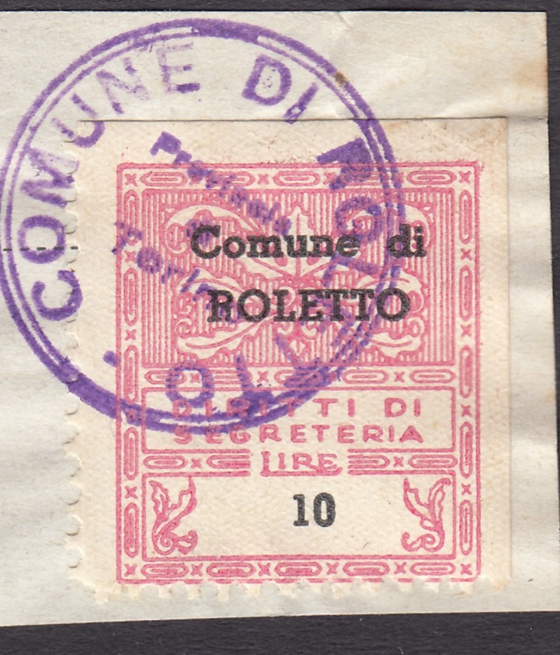 Marca da Bollo del Comune di ROLETTO su Carta Bianca di dimensioni 21,5 x 24 mm
