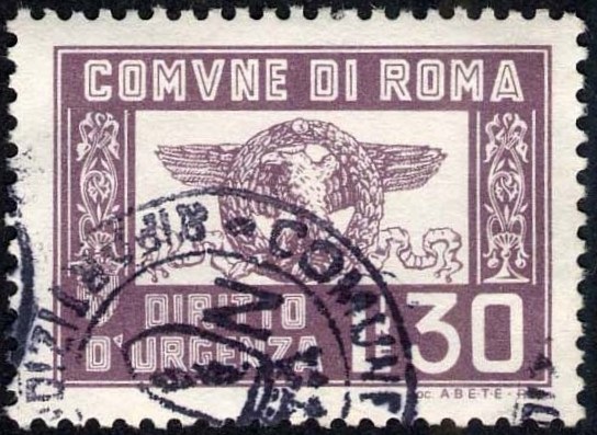 Marca da Bollo del Comune di ROMA su Carta Bianca di dimensioni 29,5 x 23 mm