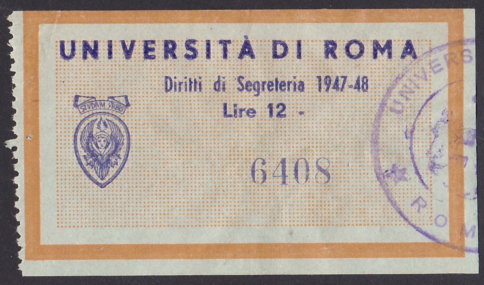 Marca da Bollo del Comune di ROMA su Carta Colorata di dimensioni 59 x 35 mm