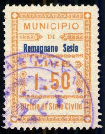 Marca da Bollo del Comune di ROMAGNANO SESIA su di dimensioni 22,5 x 31 mm