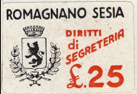 Marca da Bollo del Comune di ROMAGNANO SESIA su Carta Bianca di dimensioni 32 x 23 mm
