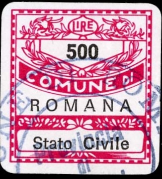 Marca da Bollo del Comune di ROMANA su Carta Bianca di dimensioni 19 x 21 mm